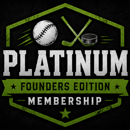 Logo featuring a baseball, golf club, and golf ball with text 'Platinum Founders Edition Membership' in green, white, and black