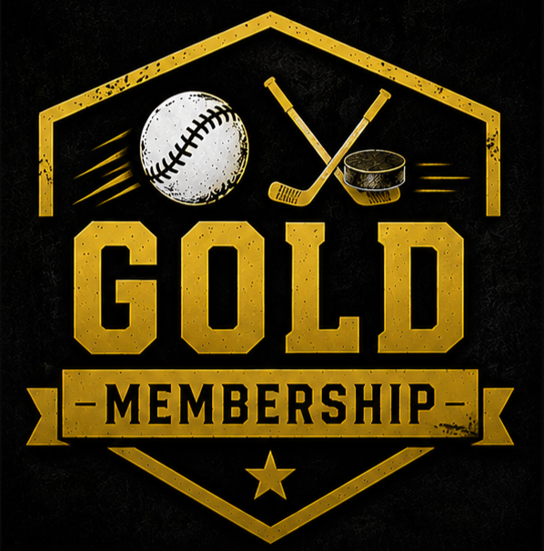 Gold and black emblem for a baseball membership, featuring a baseball, two hockey sticks, and a puck, with bold text stating "GOLD MEMBERSHIP."
