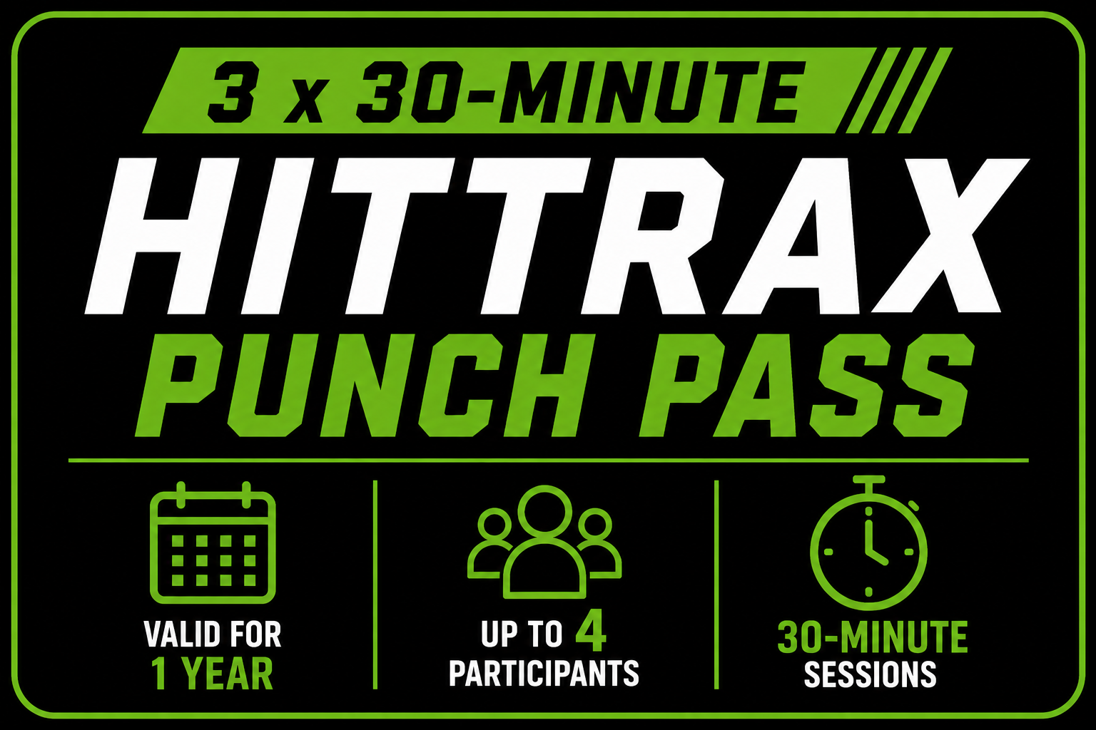 HITTRAX Punch Pass advertisement with a black background and neon green border. It states: '3 x 30-minute HITTRAX Punch Pass', valid for 1 year, for up to 4 participants, with 30-minute sessions. The pass features icons of a calendar, a group of people, and a stopwatch.