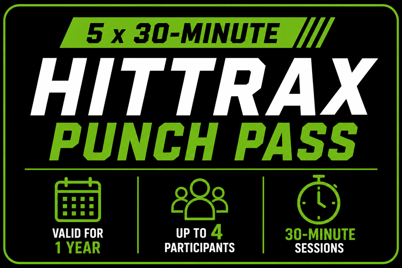 A punch pass for HITTRAX, offering 5 sessions of 30 minutes each. The pass is valid for one year, can be used for up to four participants, and each session lasts 30 minutes.