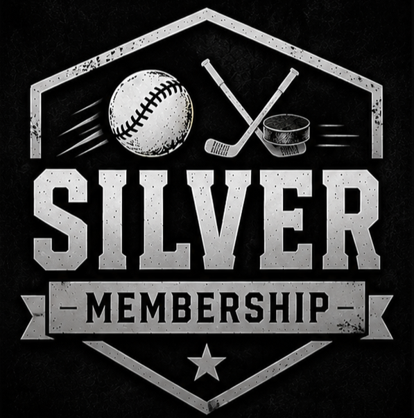 Graphics featuring a baseball, golf clubs, and a hockey puck with the words "Silver Membership" in bold letters, representing sports-related membership.