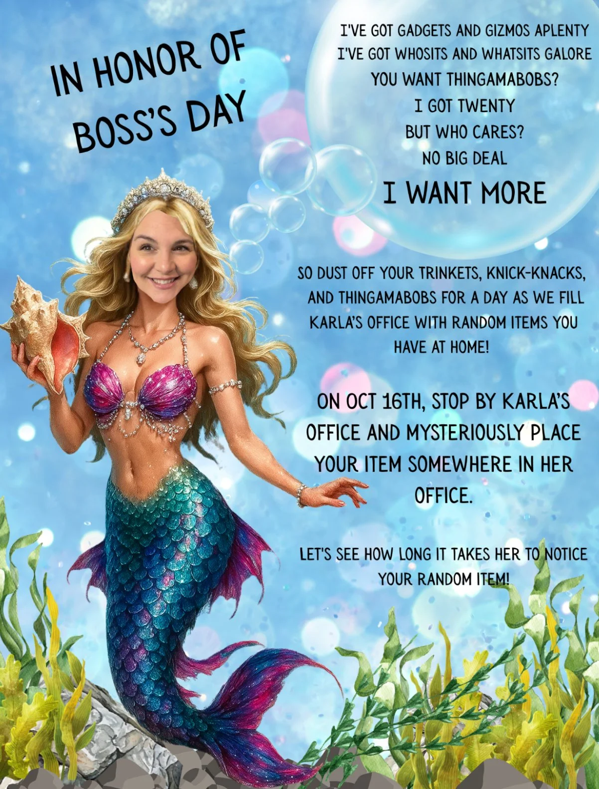 Under the Sea Surprise! This time, the staff surprised ME! They transformed my office into an underwater adventure, complete with colorful decorations and three LIVE animals hidden in my office without me even noticing! A little creativity, a lot of 