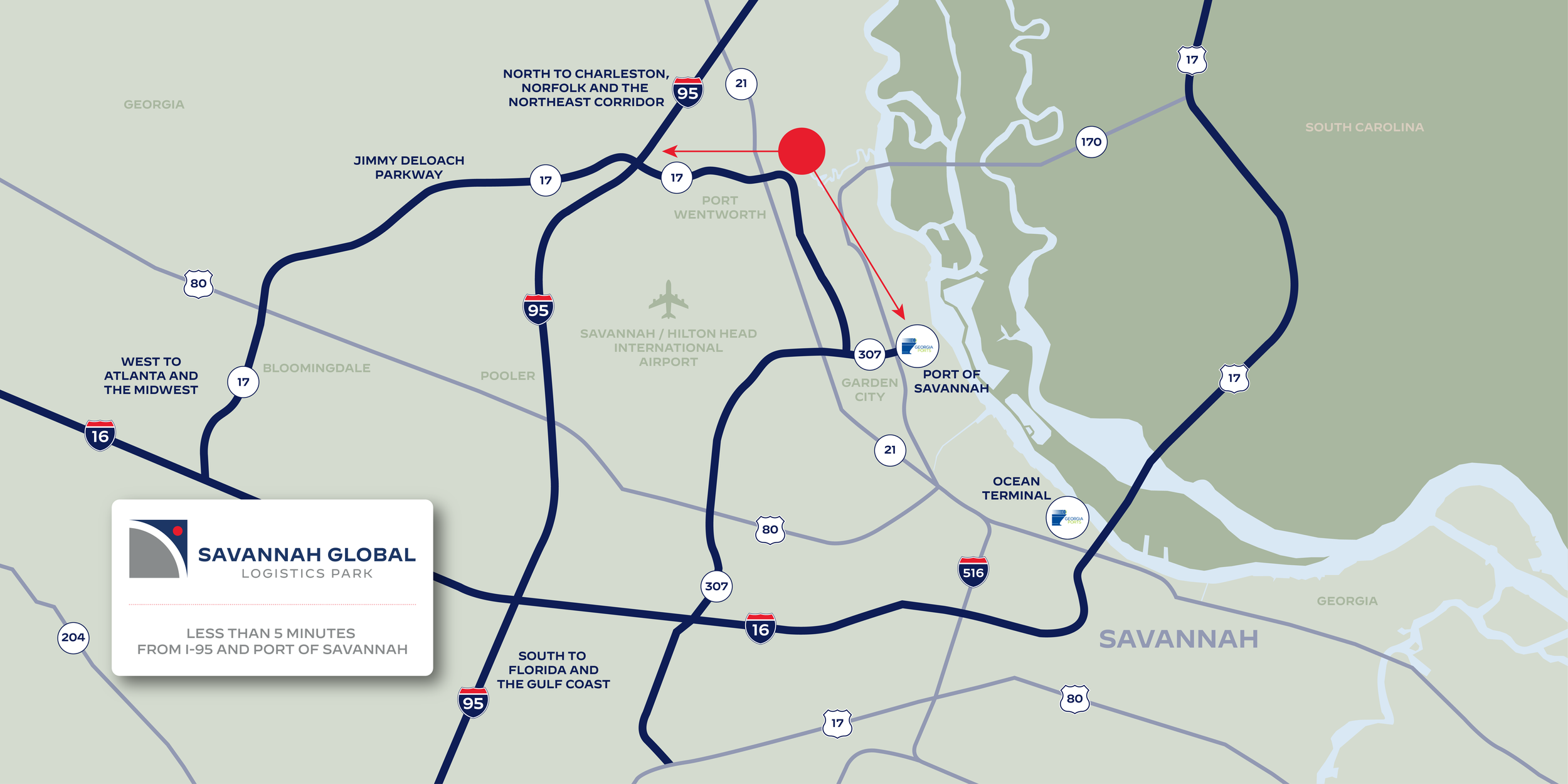 Savannah Global Logistics Park graphic map showing it's location and relevance to the Savannah area and Southeast region.