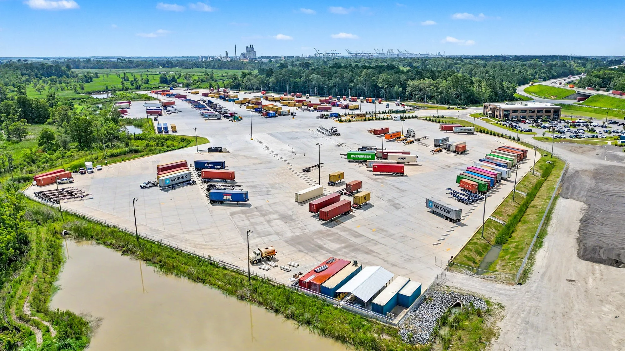 Savannah Global Logistics Park overview aerial with the Port of Savannah in the background.