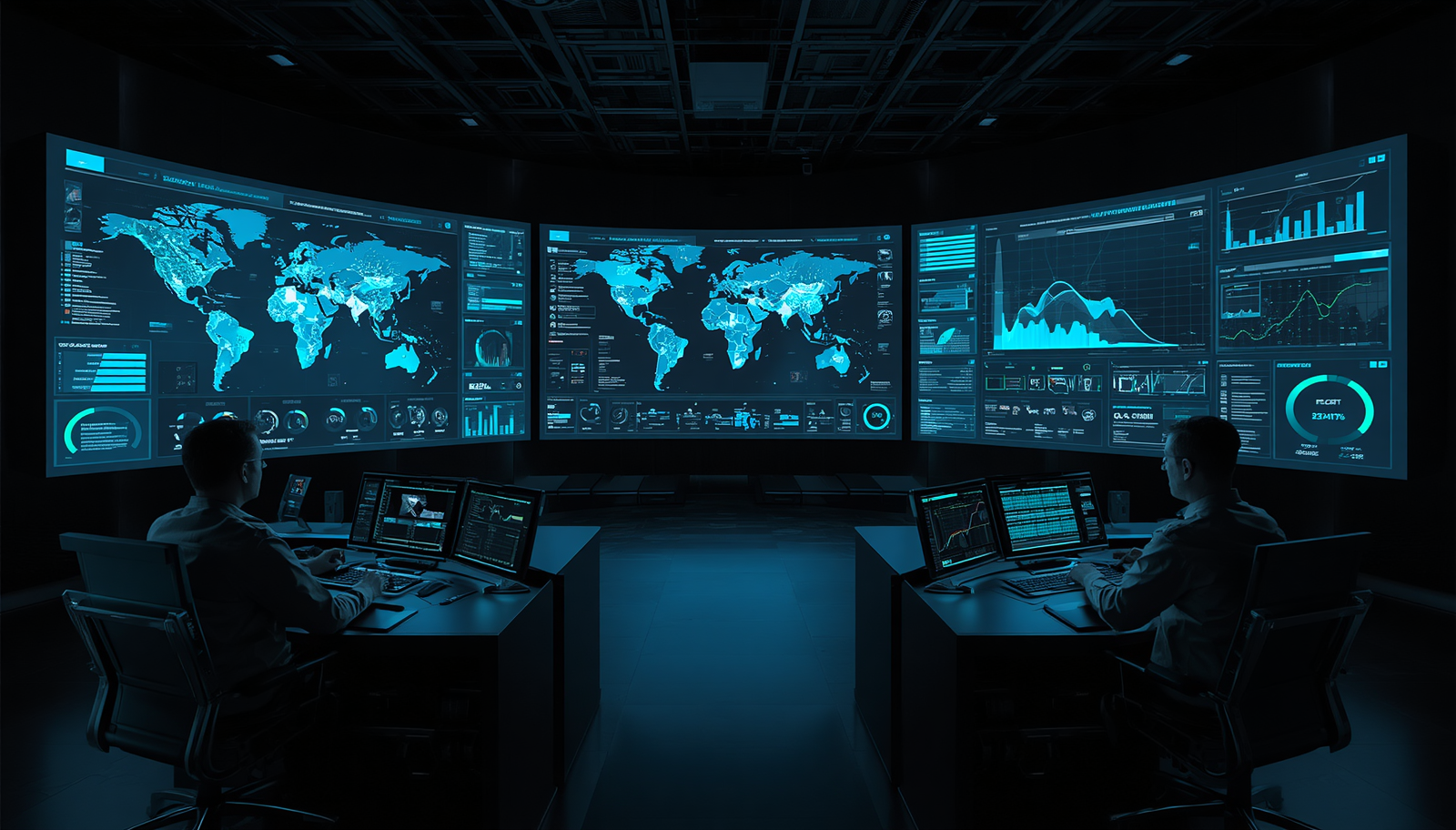 Two people working at desks with multiple computer monitors in a dark room, analyzing global data on large curved screens displaying world maps, graphs, and charts.