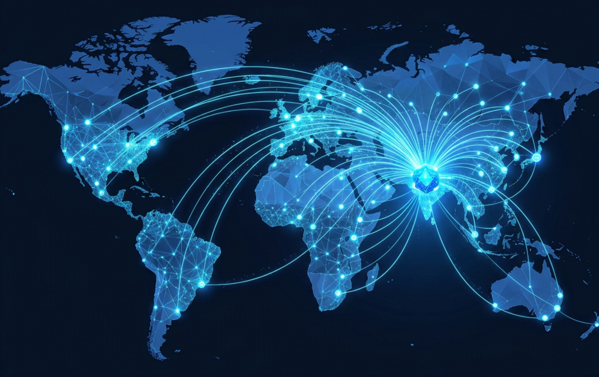 A digital world map with interconnected points and lines representing global connectivity.