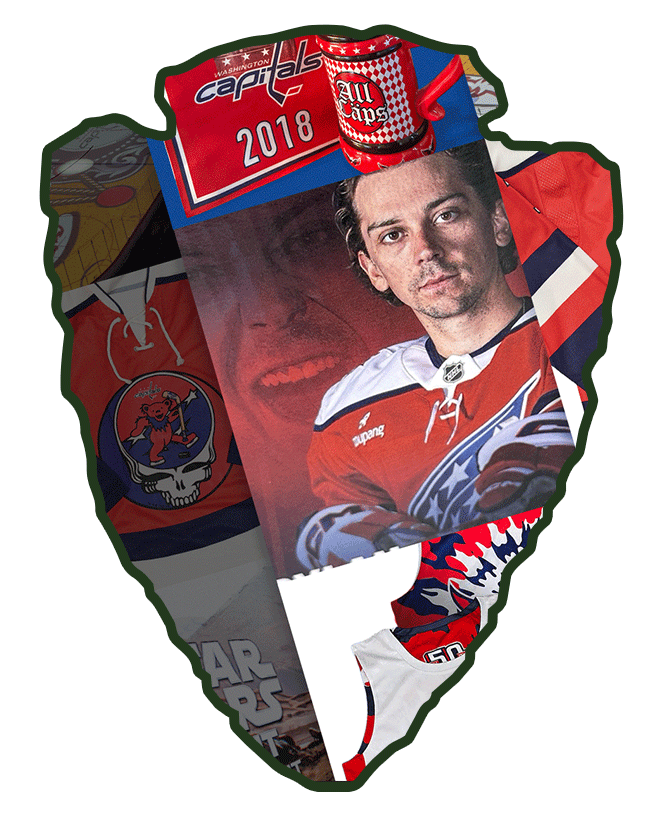 Collage of Washington Capitals hockey memorabilia, including a 2018 team poster with a hockey player, team logo, and related items.