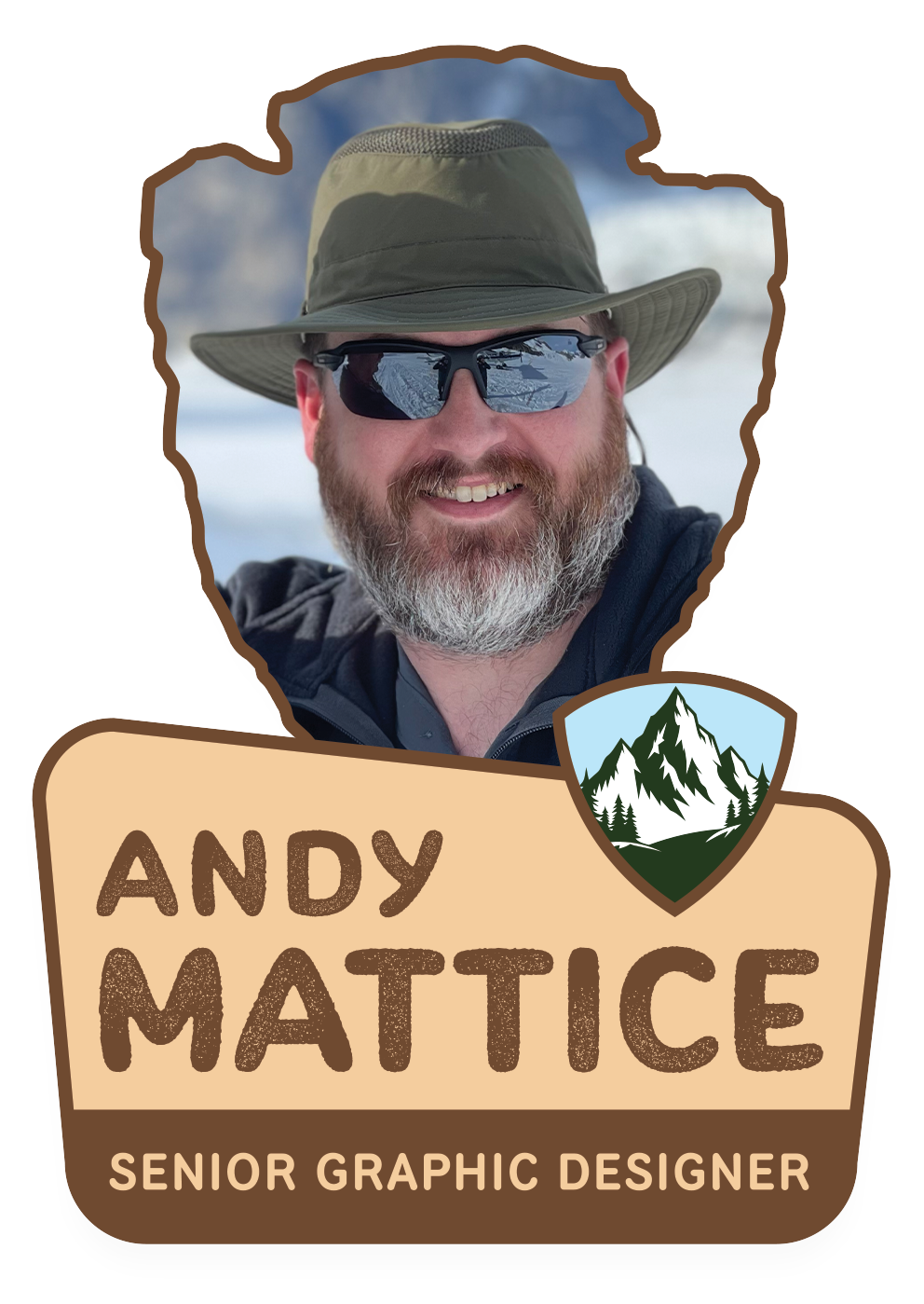 A smiling man wearing sunglasses, a wide-brimmed hat, and outdoor clothing, outdoors with a snowy mountain in the background.
