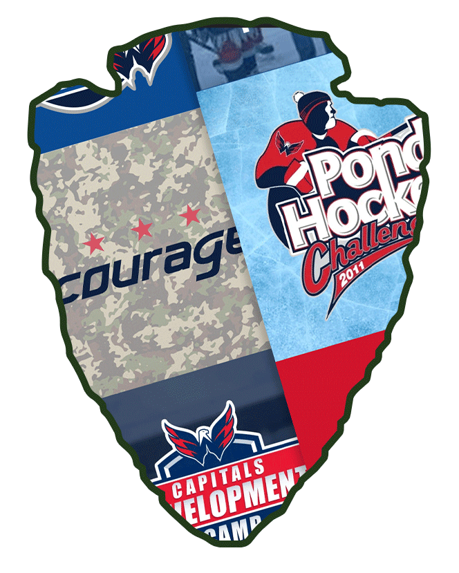 An ice hockey-shaped patch featuring logos and elements from the Washington Capitals and the Skills Challenge, including the words 'Courage,' 'Capitals Development Camp,' and a hockey player illustration.