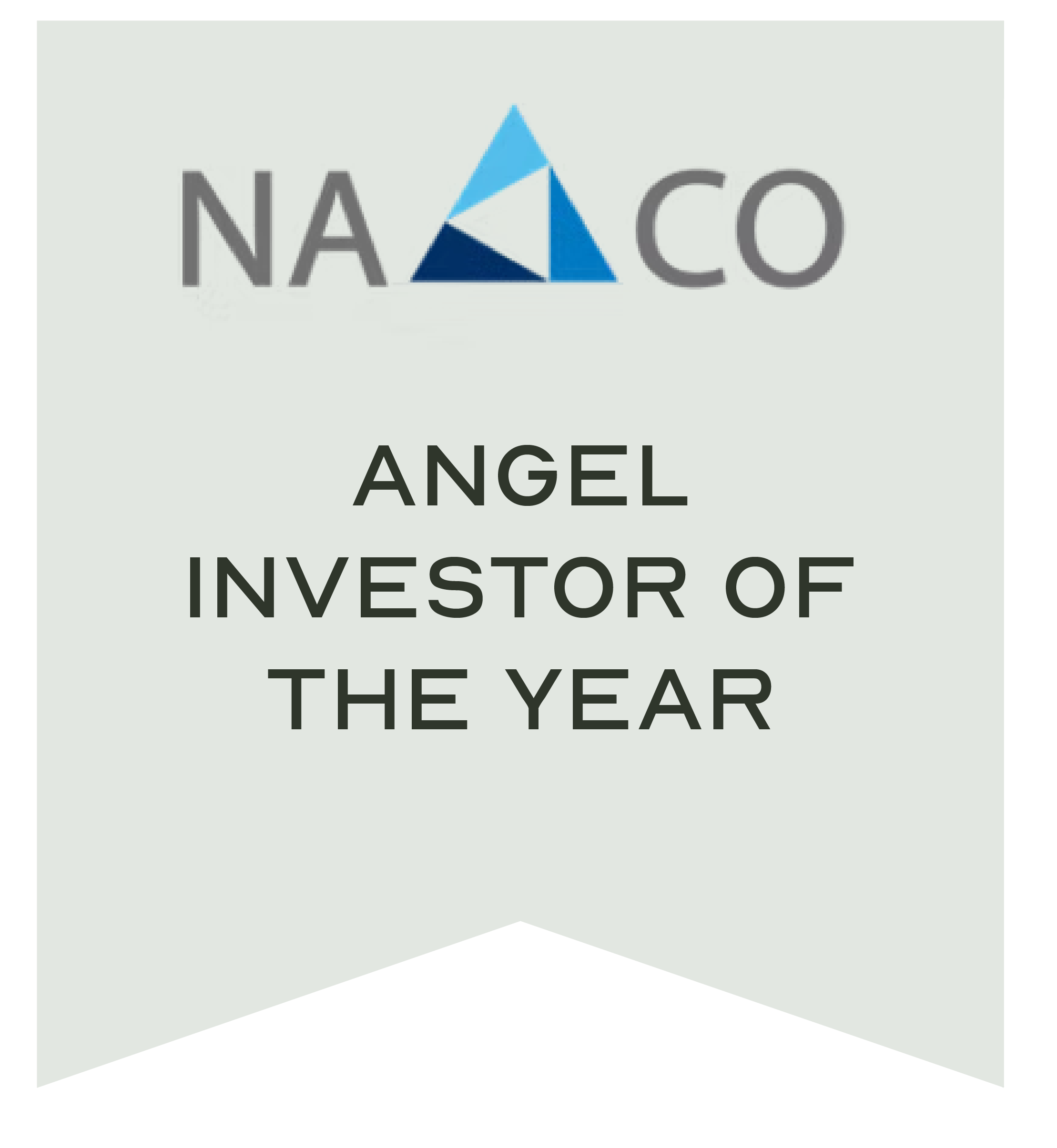 Black and white ribbon award with the words 'NAACO angel investor of the year' written on it.