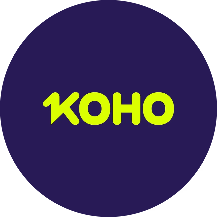 Logo with the word 'KOHO' in yellow-green text on a dark blue circular background.