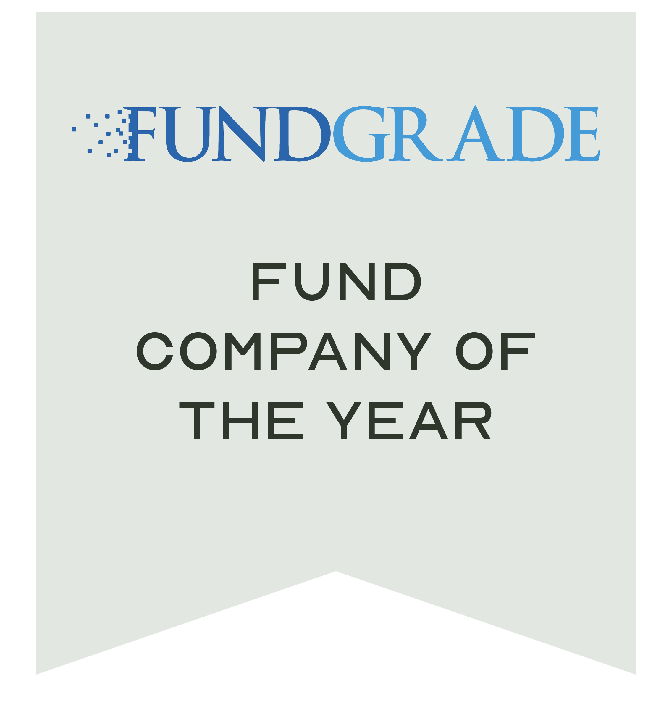 A banner with the text "FUND" and part of other words visible, with a gray background and black bottom edge, possibly for a company award.