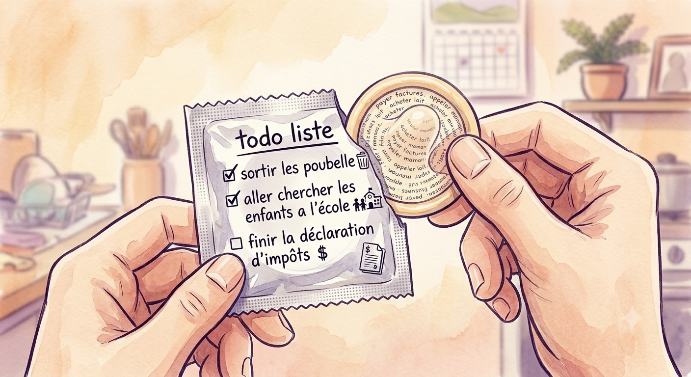 Une personne tient une fiche de tâche à cocher et une pièce de monnaie dans une cuisine. La fiche de tâche indique des activités comme sortir la poubelle, aller chercher les enfants à l'école, et finir la déclaration d'impôts.