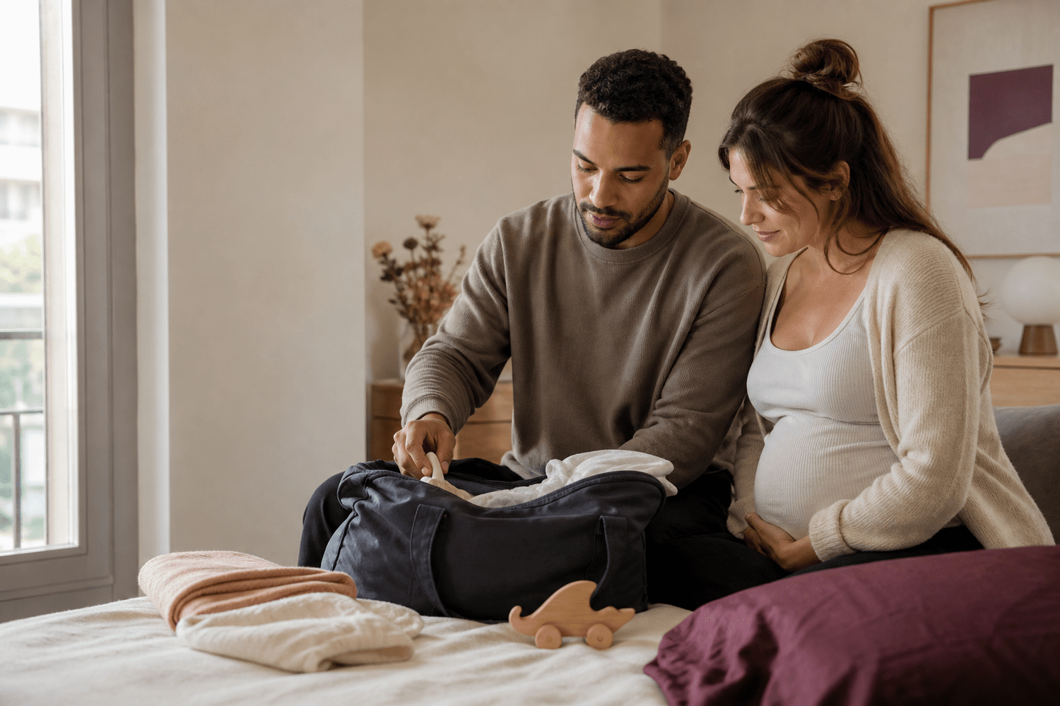 Un futur père et sa partenaire enceinte préparent ensemble les affaires pour l'arrivée de leur enfant.