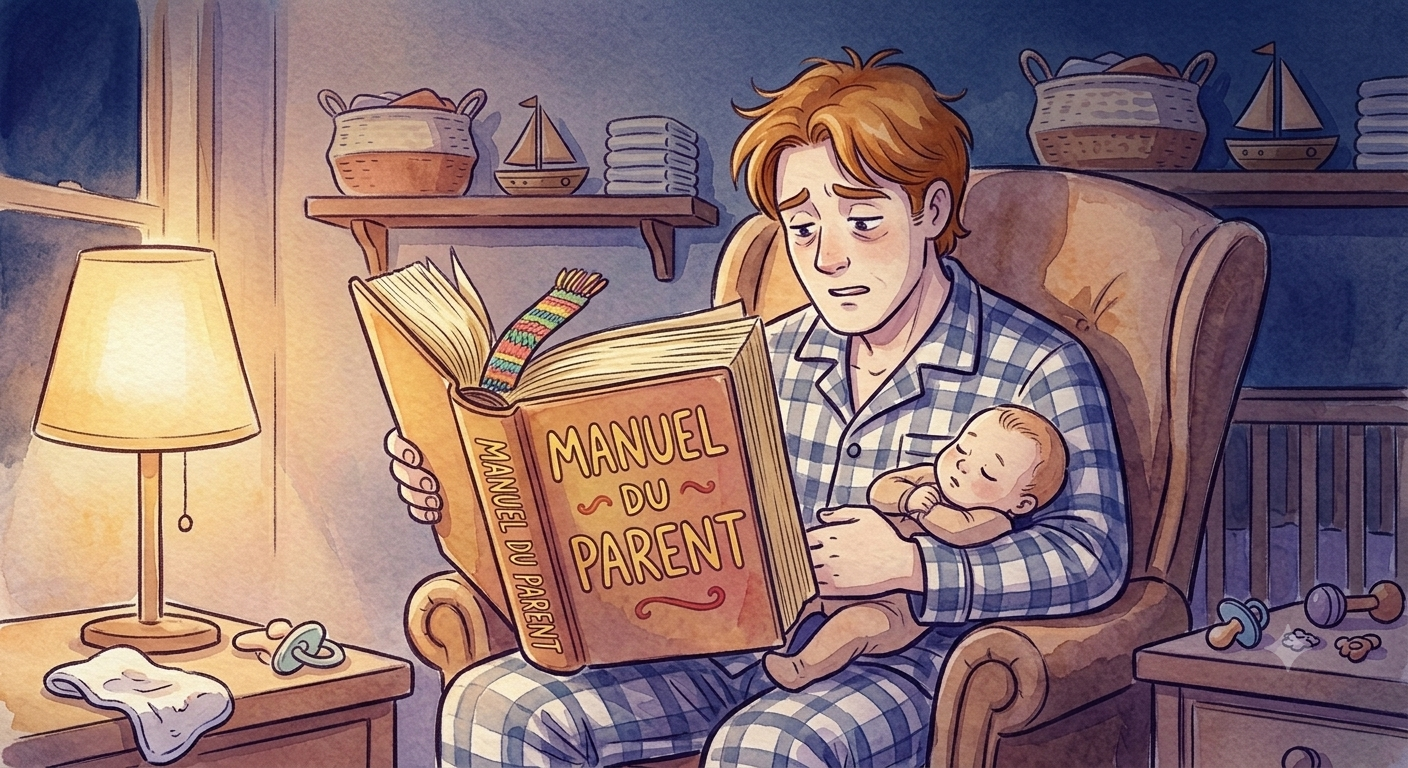 Un homme assis dans un fauteuil lit un livre intitulé "Manuel du Parent" avec un bébé endormi sur lui, dans une pièce à la lumière d'une lampe