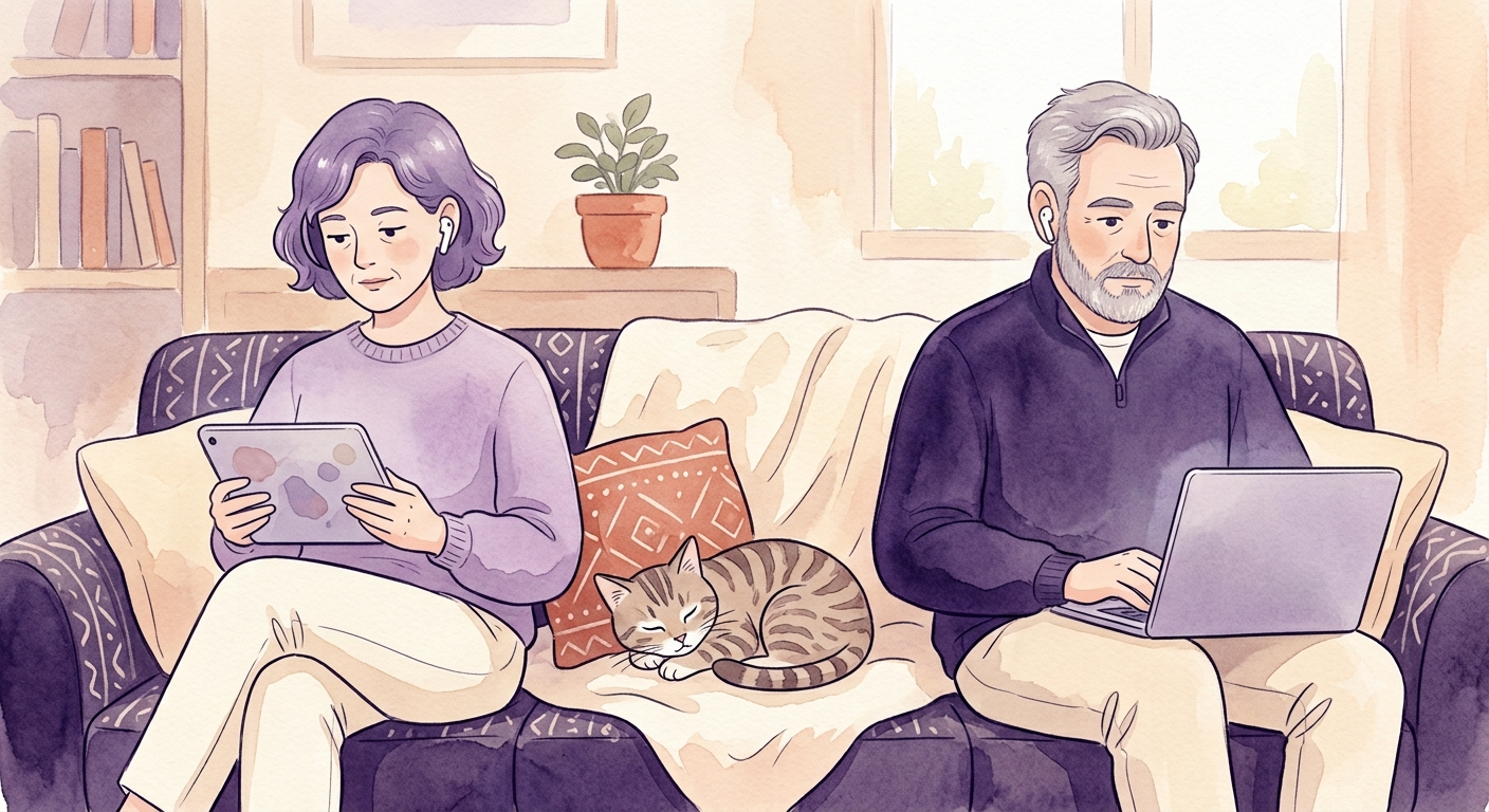 Un couple assis sur un canapé avec un chat entre eux, utilisant des appareils électroniques avec une lumière douce dans une pièce chaleureuse.