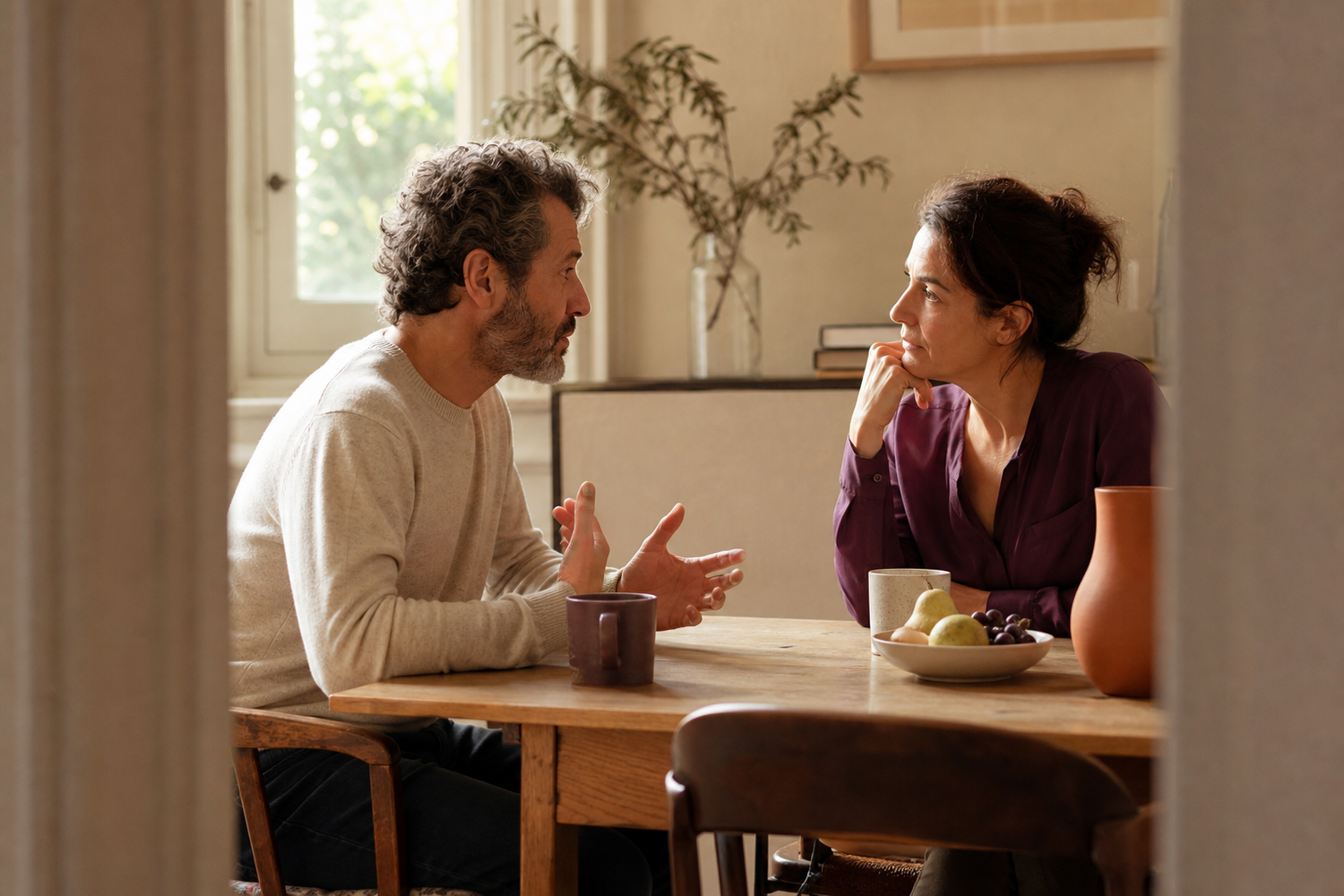 Un couple échange calmement autour d'une table dans un intérieur chaleureux