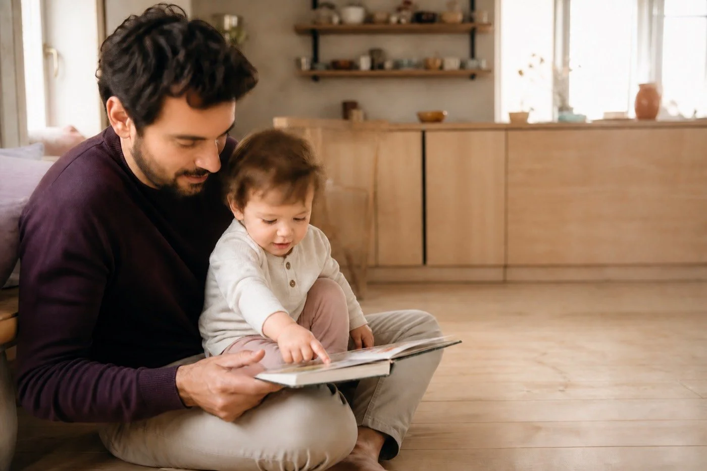 Un père partage un livre avec son jeune enfant dans une scène quotidienne familiale.