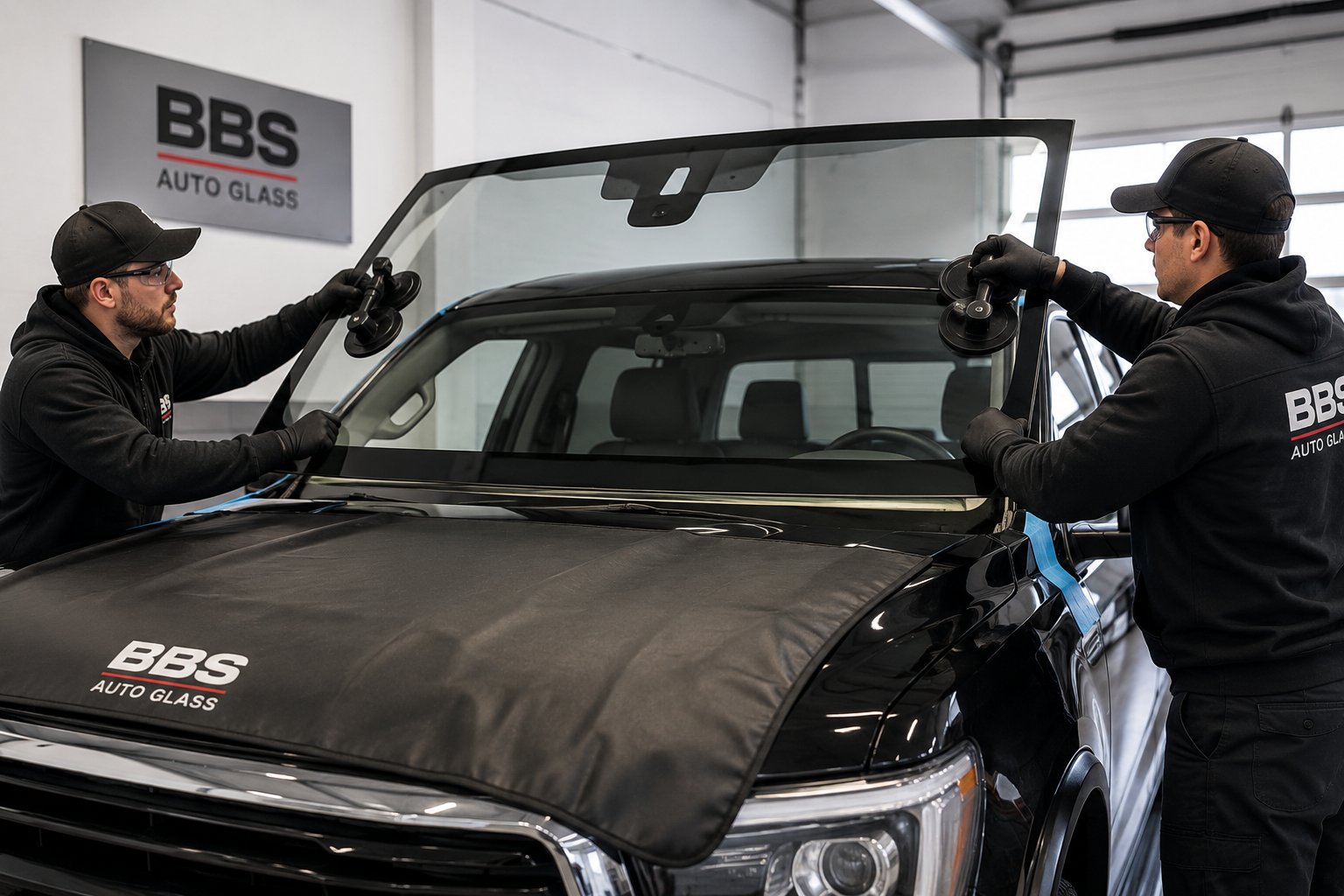 Two workers in black hoodies with BBS Auto Glass logs install a windshield on a black vehicle inside a garage.