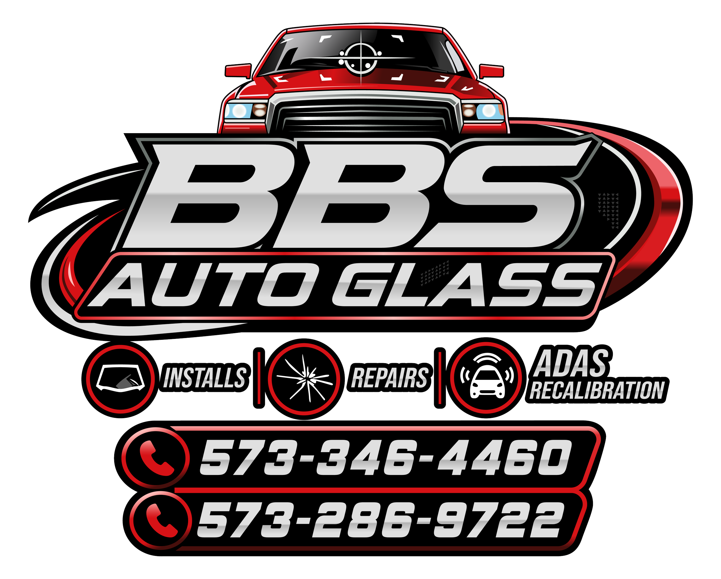 Business card for BBBS Auto Glass featuring a red truck and icons representing installs, repairs, ADAS recalibration, and contact information.