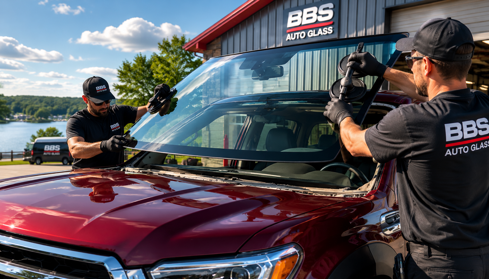 Two workers from BBS Auto Glass installing a windshield on a red vehicle outside near a building with the BBS logo, with a scenic lake and trees in the background.
