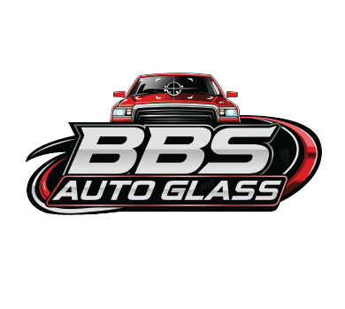 Logo for BBS Auto Glass with a red pickup truck and a racing track design.