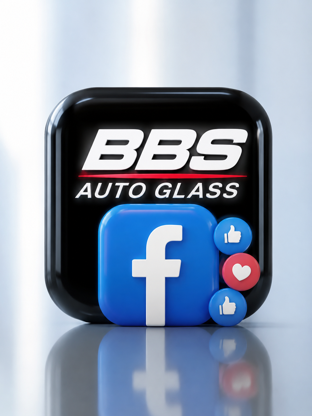 Logo of BBS Auto Glass with Facebook icon and like, love, and like reactions.