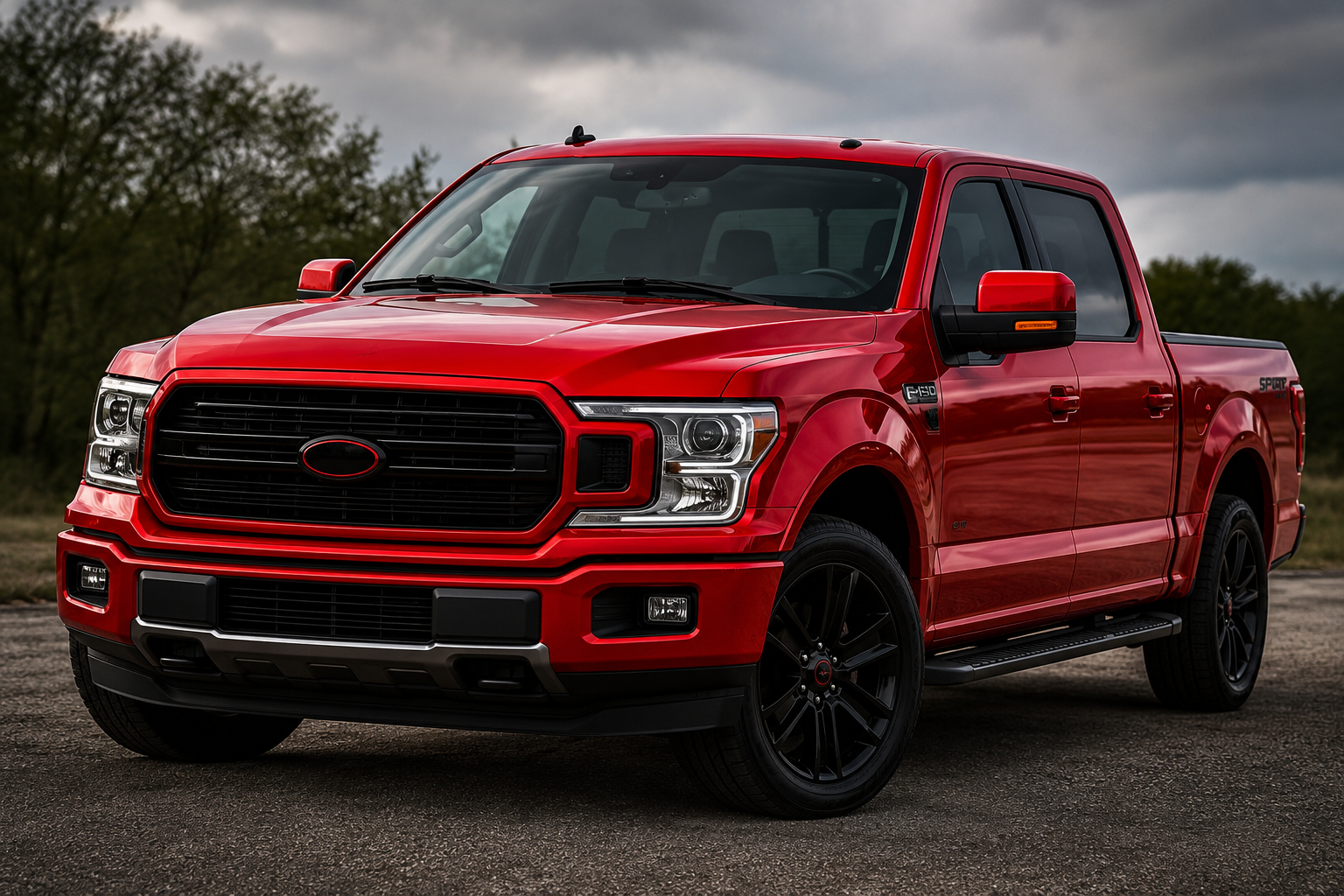 Red Ford F-150 pickup truck parked on asphalt with trees and cloudy sky in the background.