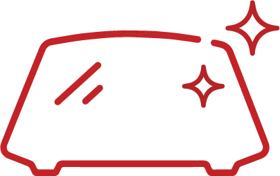 Red outline illustration of a car windshield with two sparkling stars, indicating cleanliness or shine.
