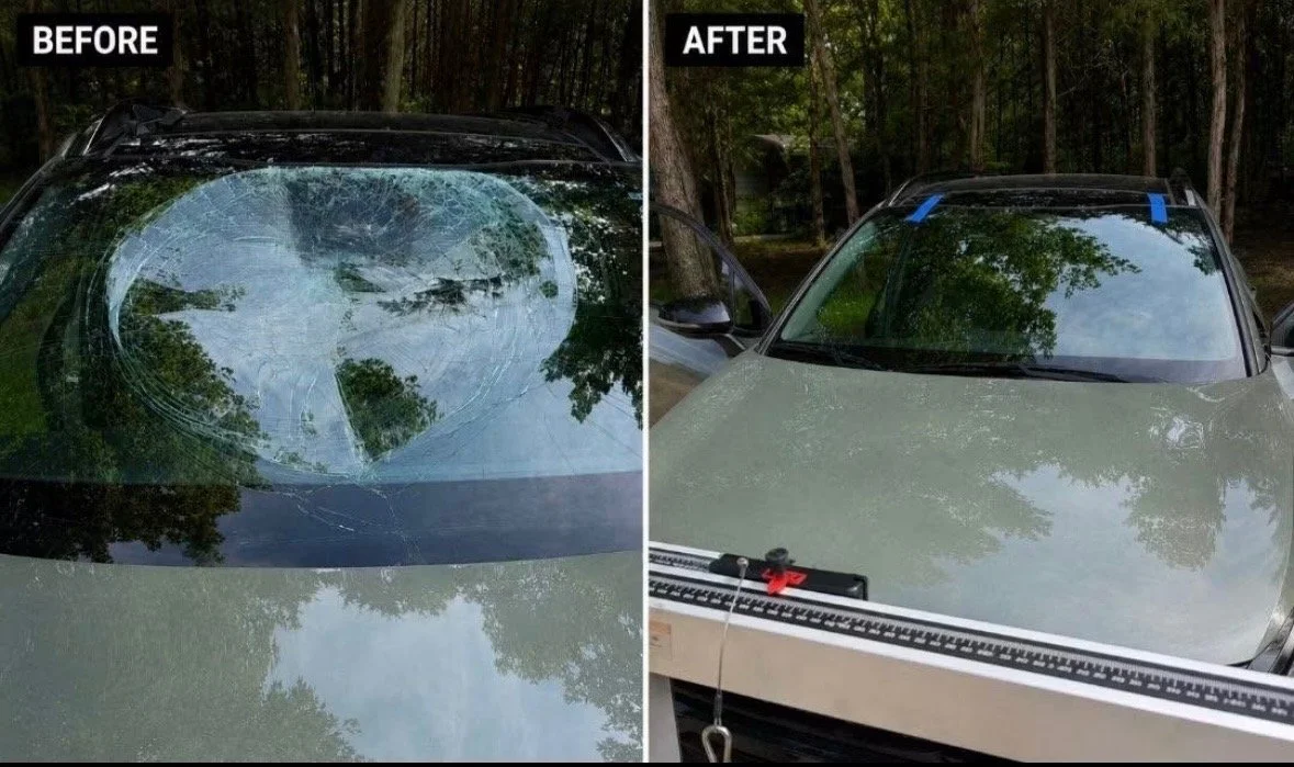 Comparison of a car windshield before and after repair. The 'before' shows a heavily cracked windshield with a large impact area. The 'after' displays the same windshield repaired, with no visible cracks.