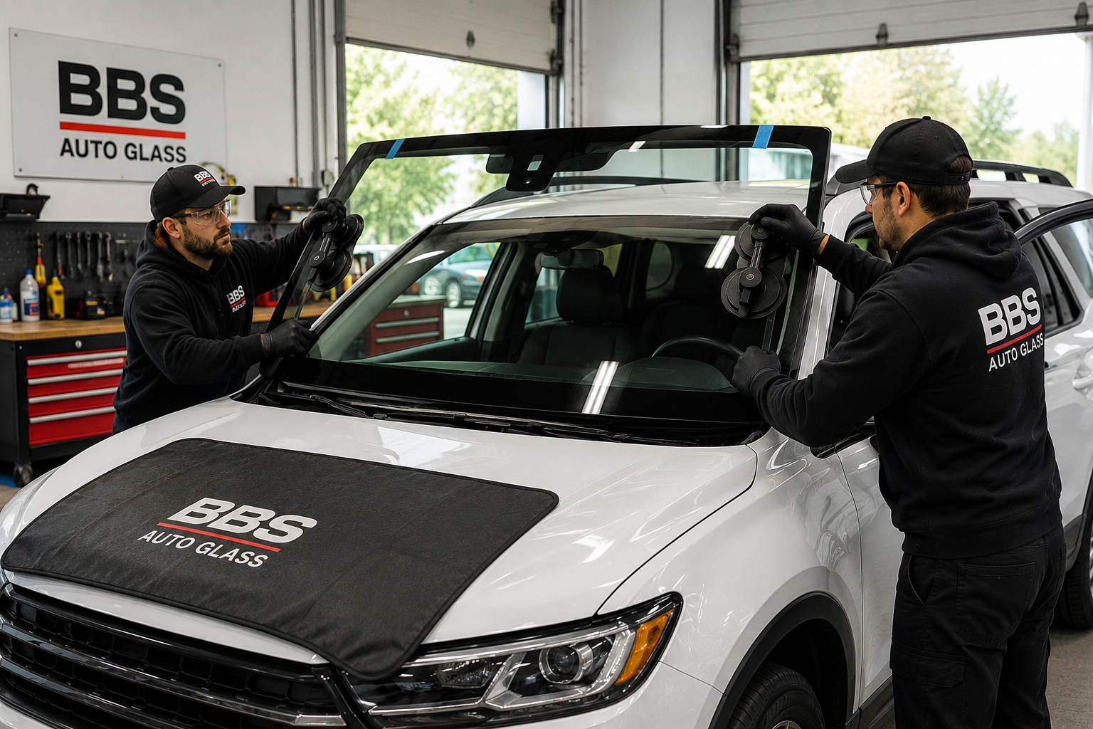 Two technicians from BBS Auto Glass installing a new windshield on a white SUV inside an auto glass shop.