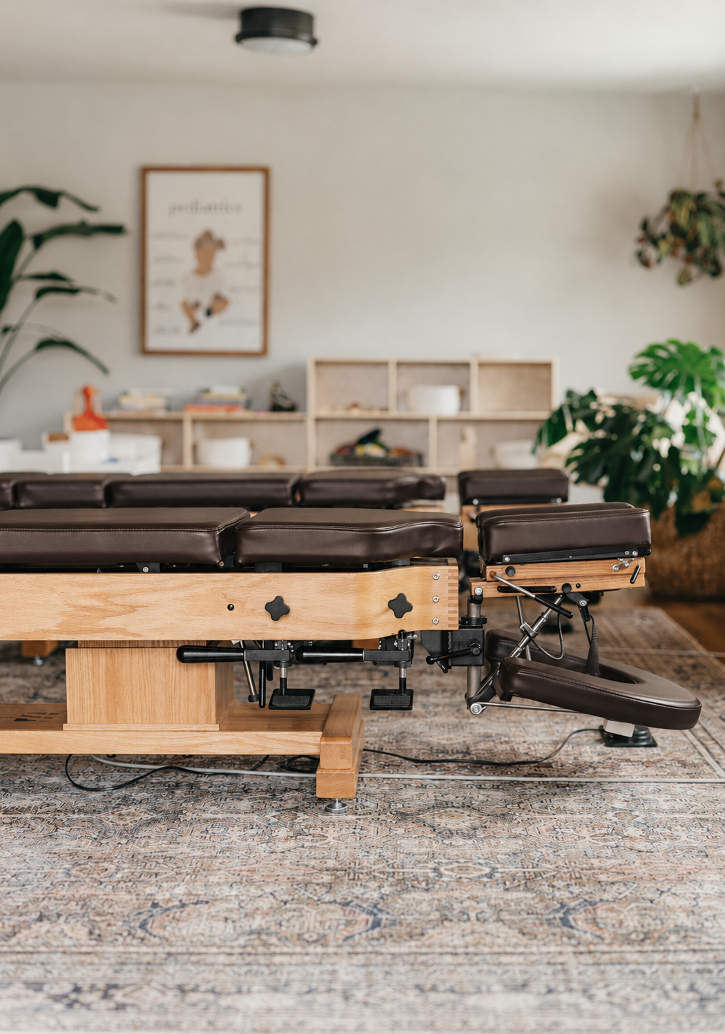 A chiropractor's adjustable treatment table with brown padded sections in a room with plants and books, on a decorative rug.