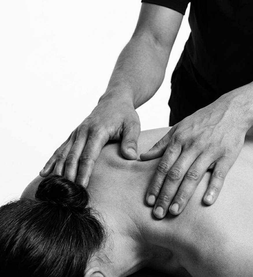Person receiving a massage on the neck and shoulder area from a massage therapist.
