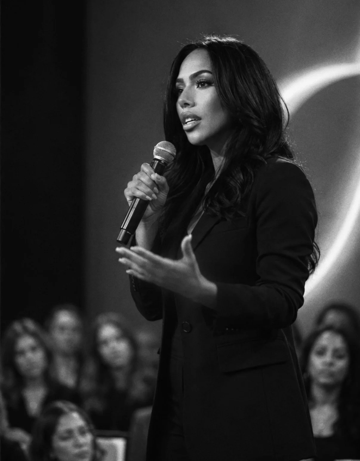 A woman with long dark hair speaking into a microphone during a presentation or speech, with an audience in the background.
