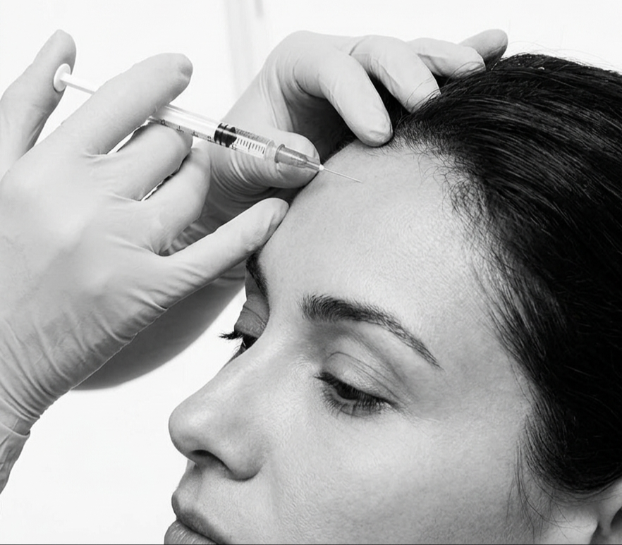 Close-up of a woman receiving an injection in her forehead from a medical professional wearing gloves.