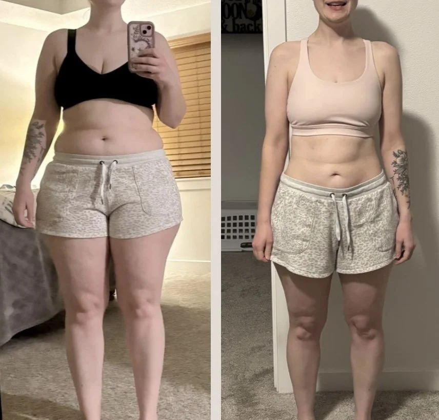 Side-by-side photos of a woman in workout clothes showing her fitness progression; on the left, she appears slightly heavier, and on the right, she appears slimmer with visible abdominal muscles.