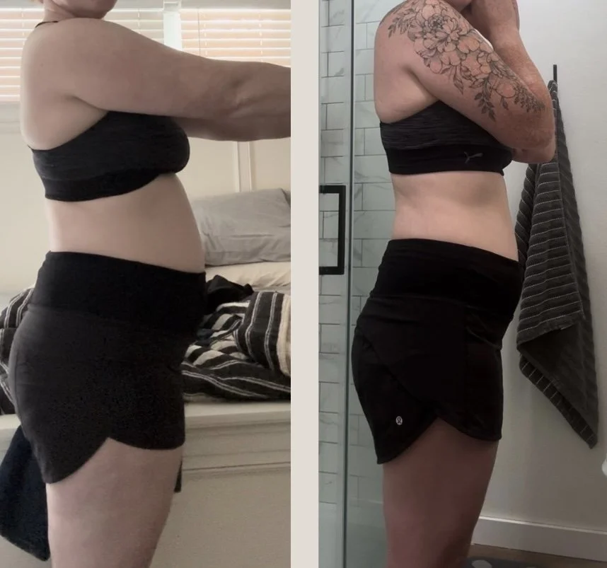 Side-by-side comparison of a woman's torso and lower body, showing weight loss progress. Left side shows before, right side shows after in a bathroom with a shower and towel.
