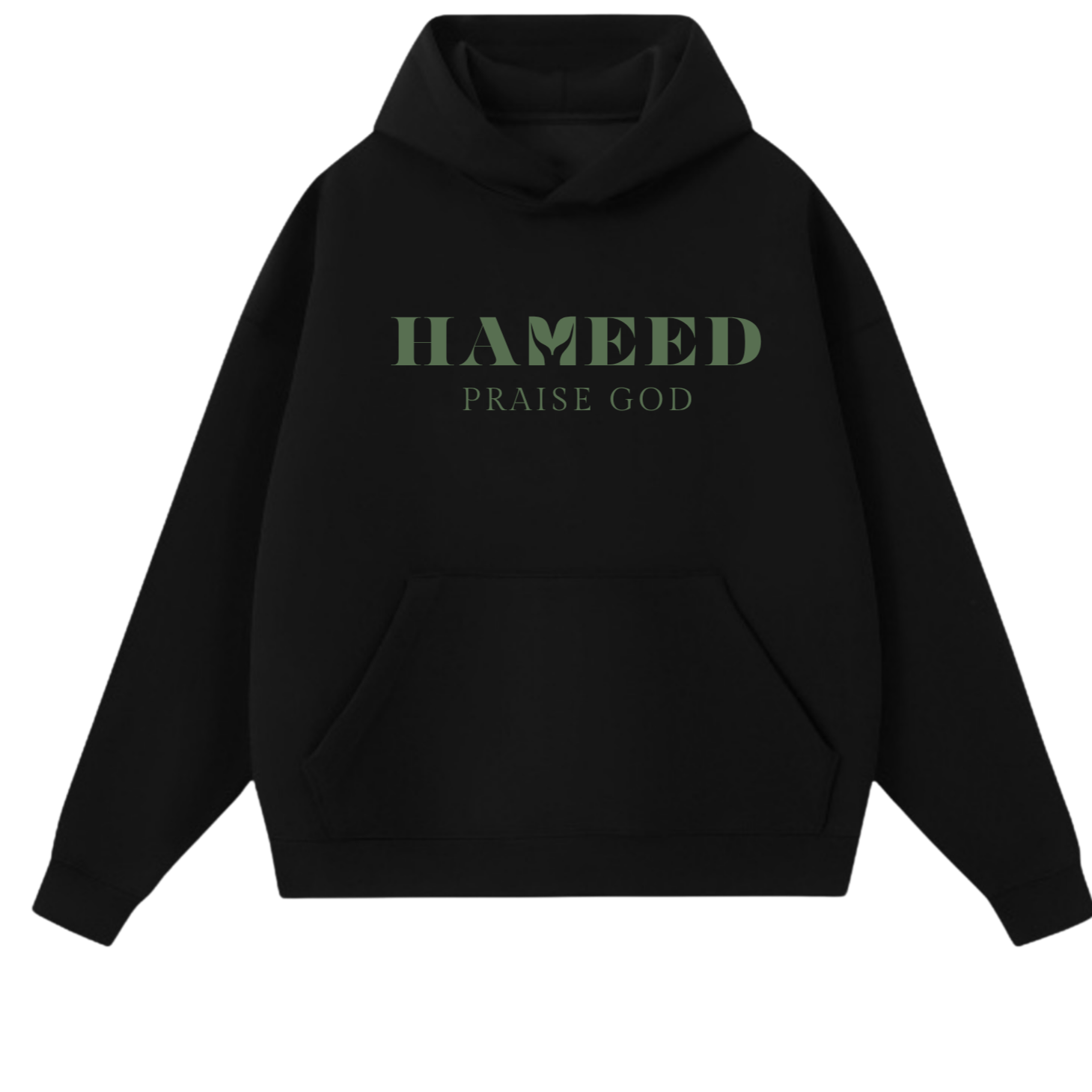 Black hoodie with green text reading "HAMED Praise God" on the front.