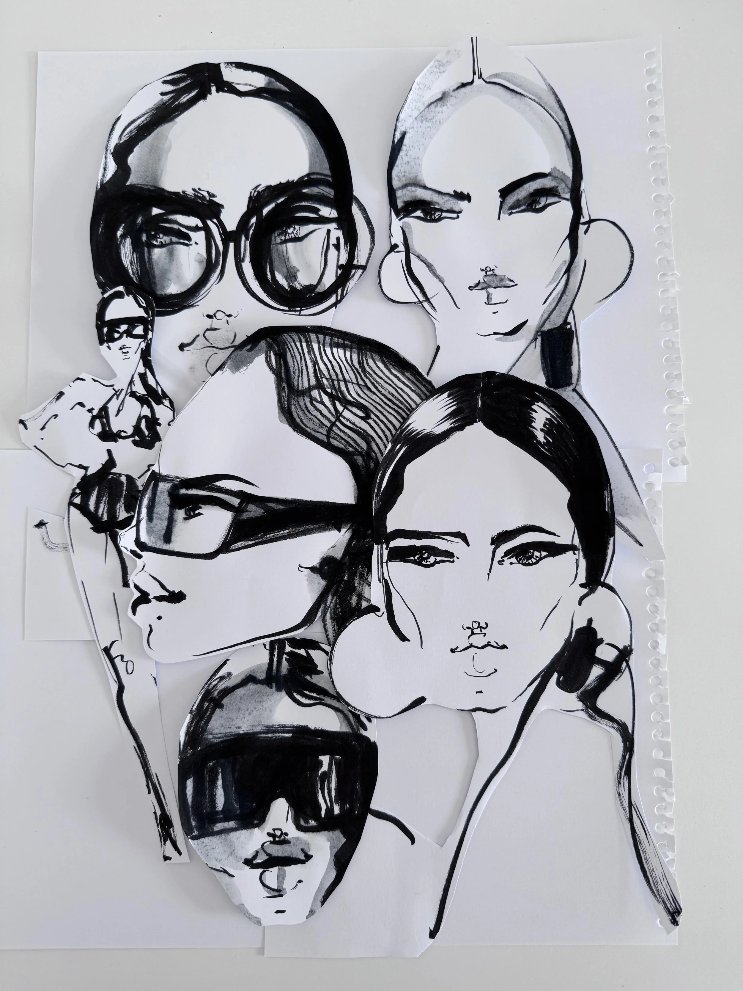 Black and white ink sketches of five women, each with distinct facial features and hairstyles, layered and overlapping on white paper.