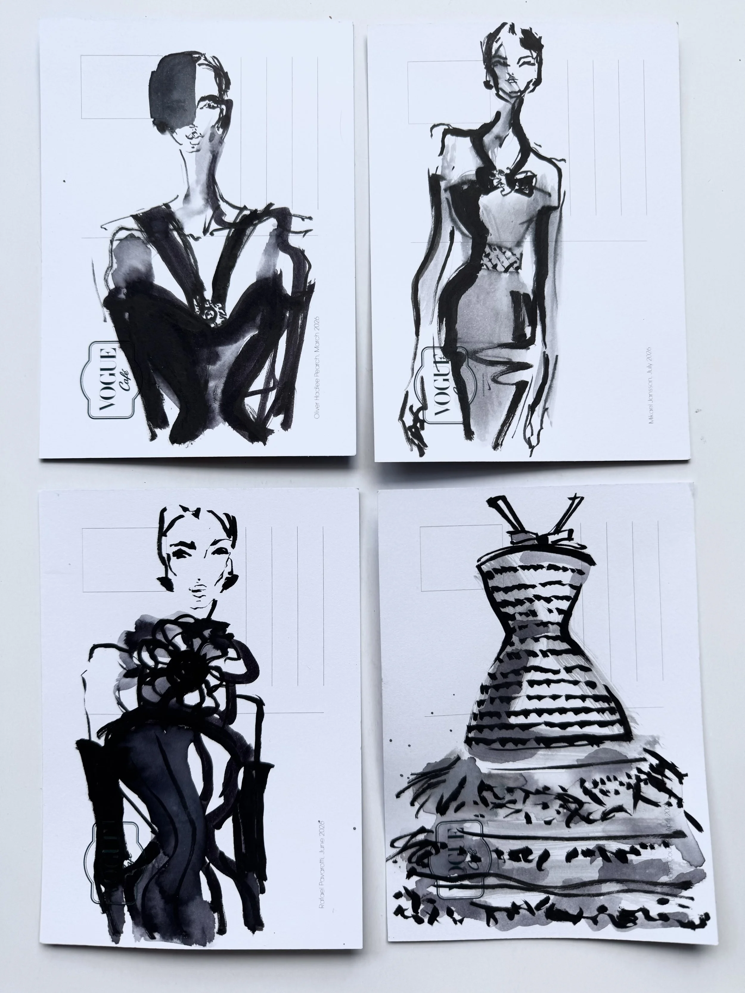 Black and white fashion sketches on paper, live drawing event London