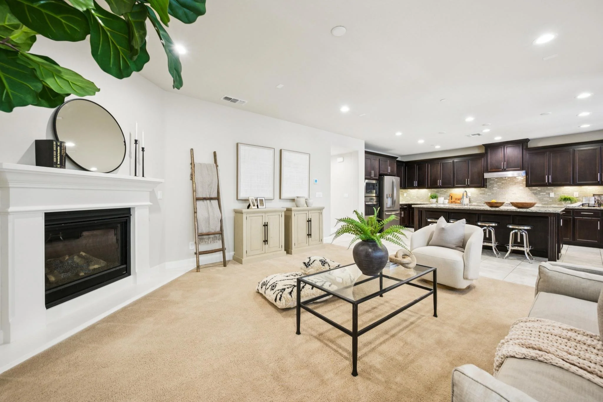 Open-concept living room and kitchen with dark wood cabinets, beige carpet, white walls, and various decorative plants.