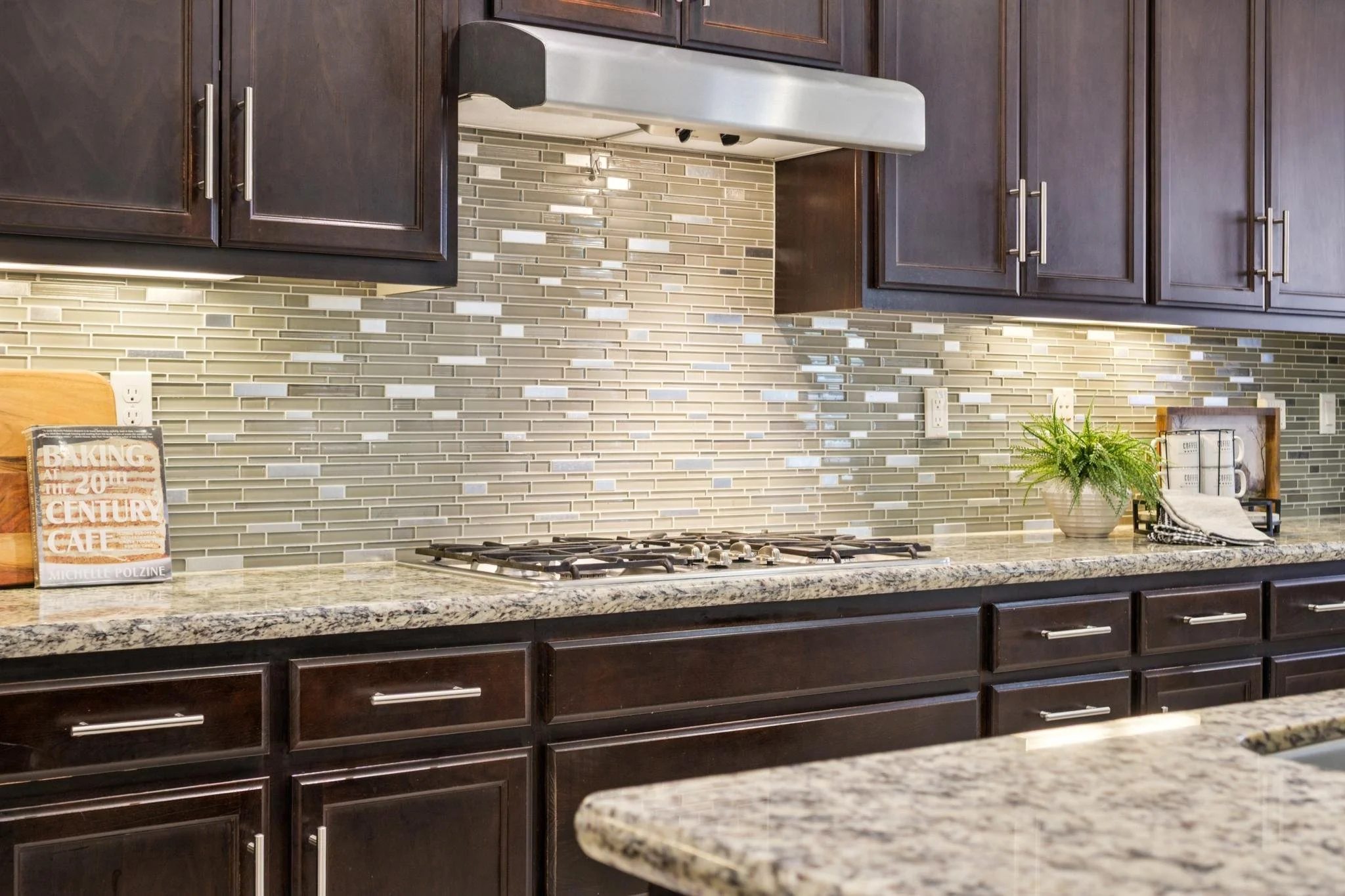 Kitchen with dark wooden cabinets, a granite countertop, a tile backsplash, and a gas stove. Decorations include a potted fern, a book titled "Baking at the 20th Century Café," and a small framed picture.