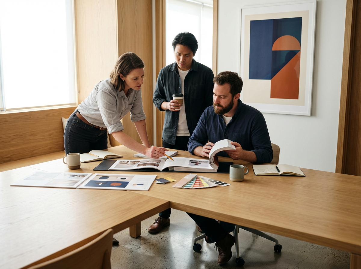 Three people collaborating around a wooden table, examining magazines, color swatches, and design materials in a well-lit room with modern decor.