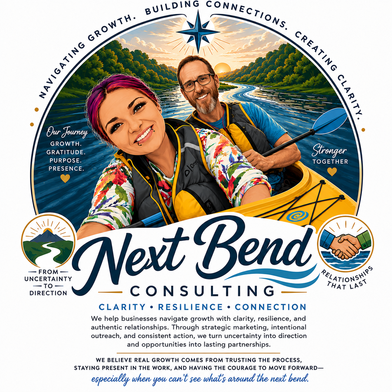 Illustration of a woman and man in a yellow kayak on a river during sunset, smiling. The woman has pink hair and is wearing a floral shirt, the man has glasses and a beard, wearing a blue shirt. Text includes the company name 'Next Bend Consulting,' and phrases about growth, clarity, resilience, and connection, with icons of a mountain and handshake.