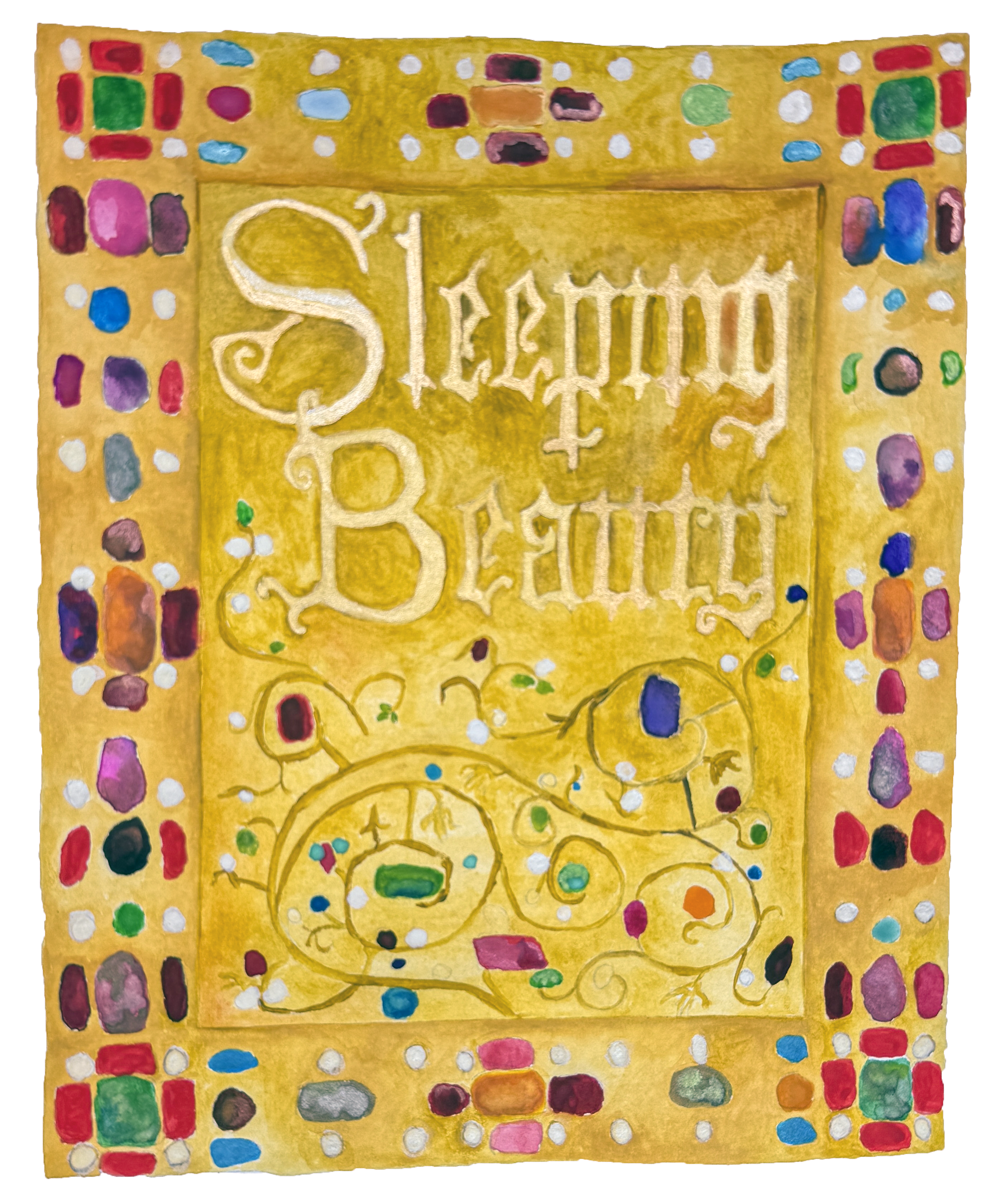 A colorful, decorative piece of art with a gold background, outlined with multicolored dots and squares, featuring beige and white text reading 'Sleeping Beauty' in a stylized, cursive font.