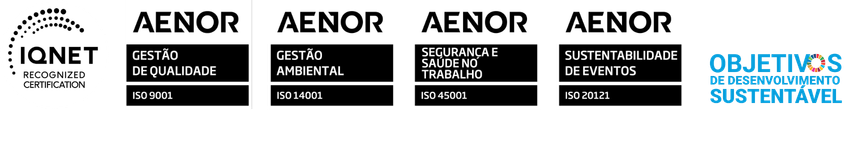Painel com certificações e reconhecimentos atribuídos à AM Experience, evidenciando o compromisso da empresa com a qualidade, a inovação, o ambiente, a sustentabilidade e a segurança.