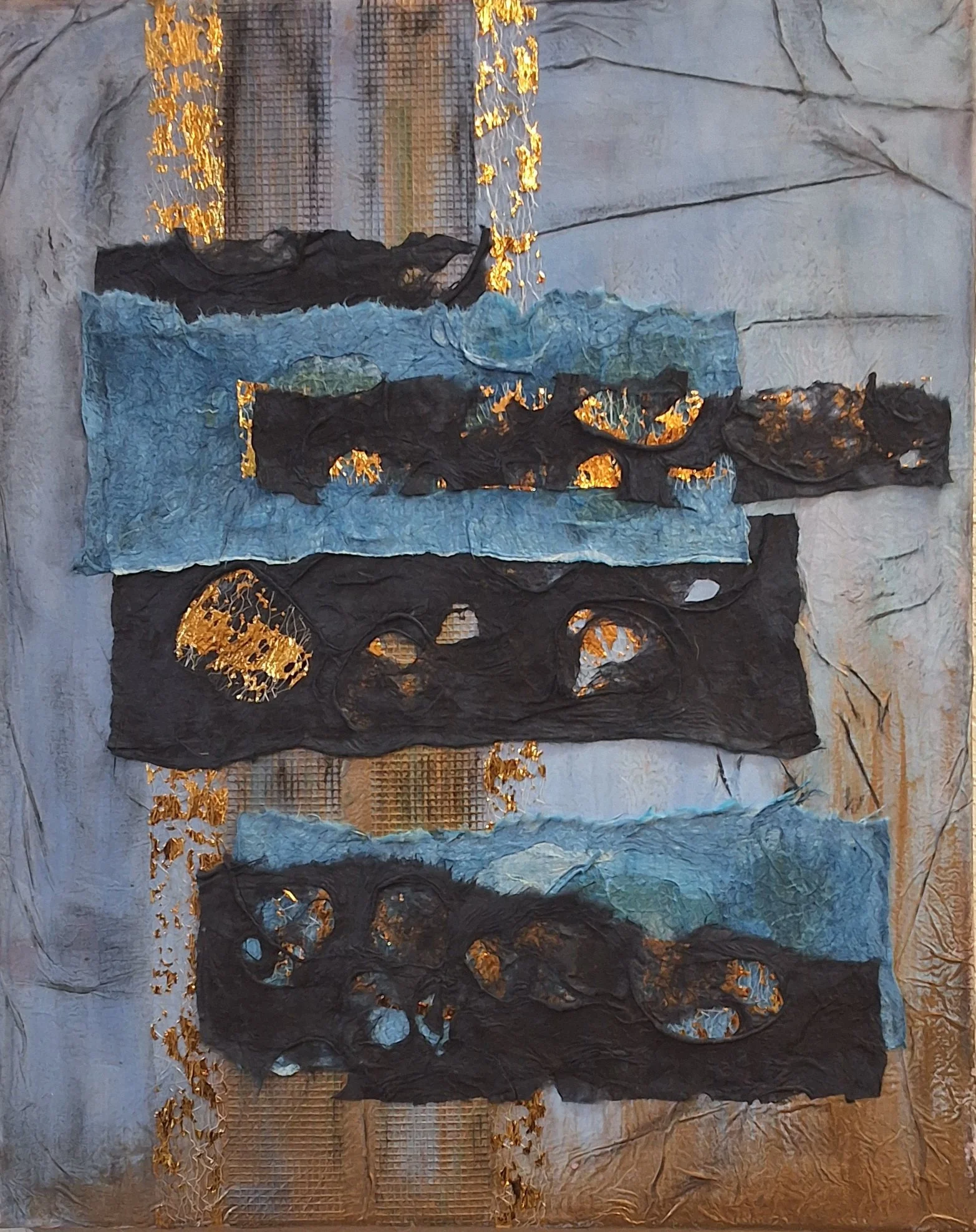 Disconnected Blues, a collage of blue and black Joomchi paper strips by Linda Cohen