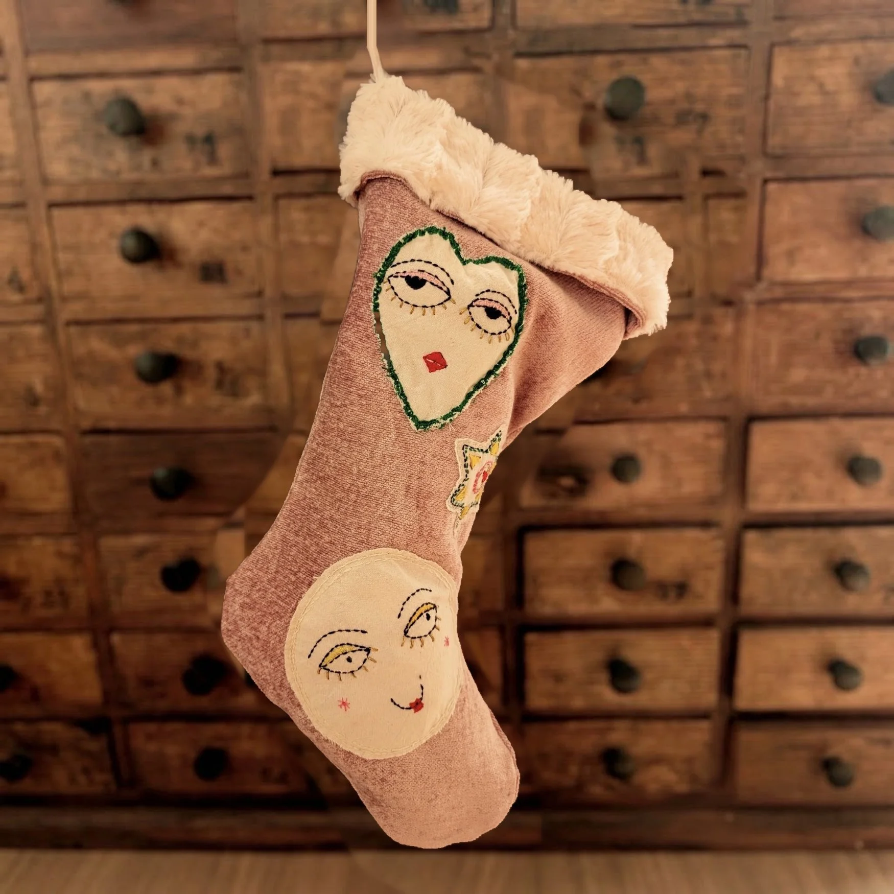 Moon and Heart Embroidered Christmas Stocking