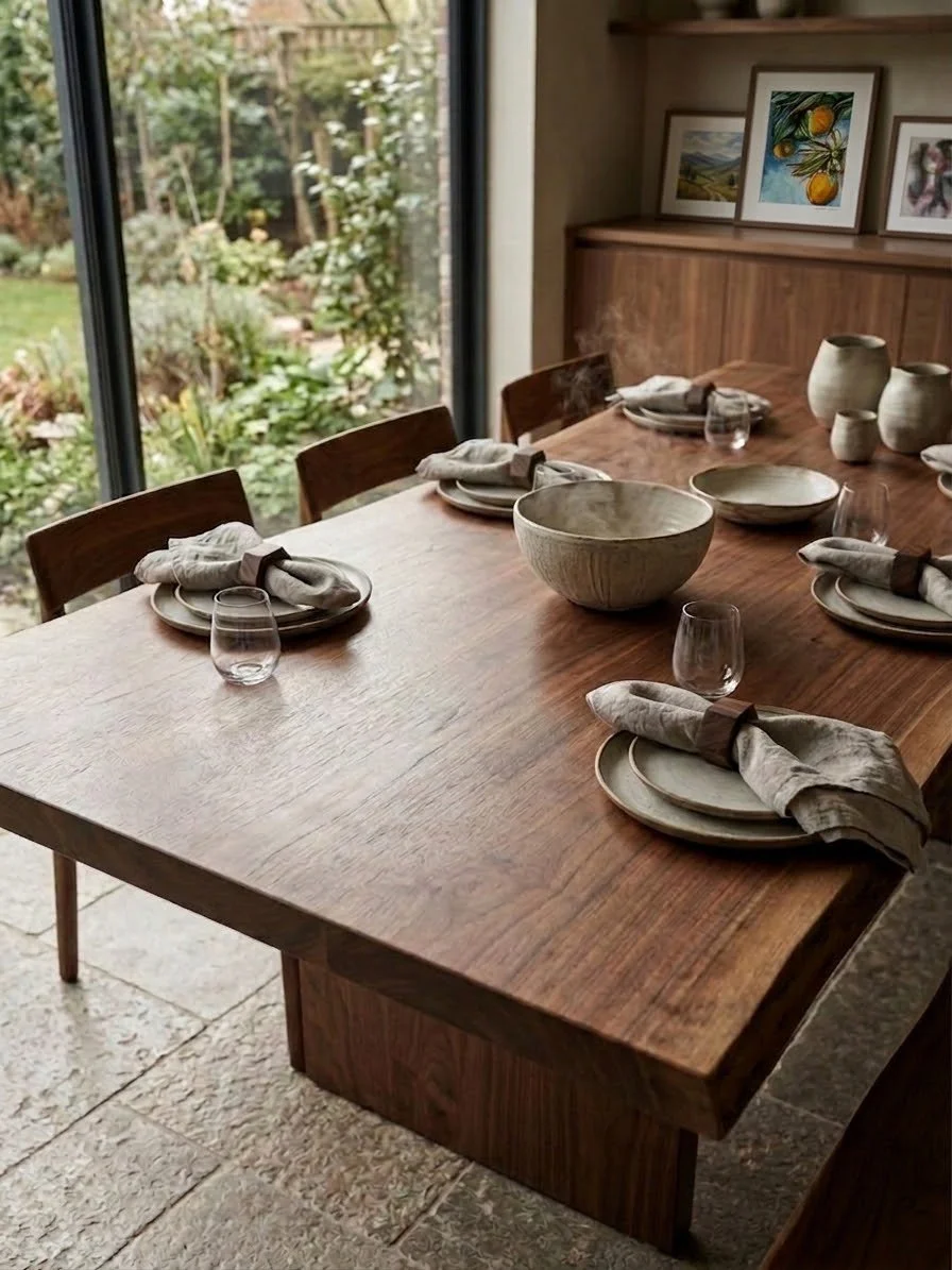 A wooden dining table set for a meal with plate, napkin, and glass at each seat, situated near a large window overlooking a garden, with decorative pottery and framed art on the wall in the background.