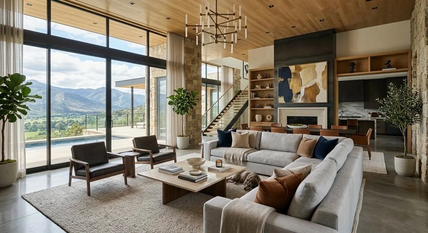 Spacious living room with large glass windows showcasing mountain views, modern fireplace, and comfortable seating including a large sectional sofa and two armchairs.
